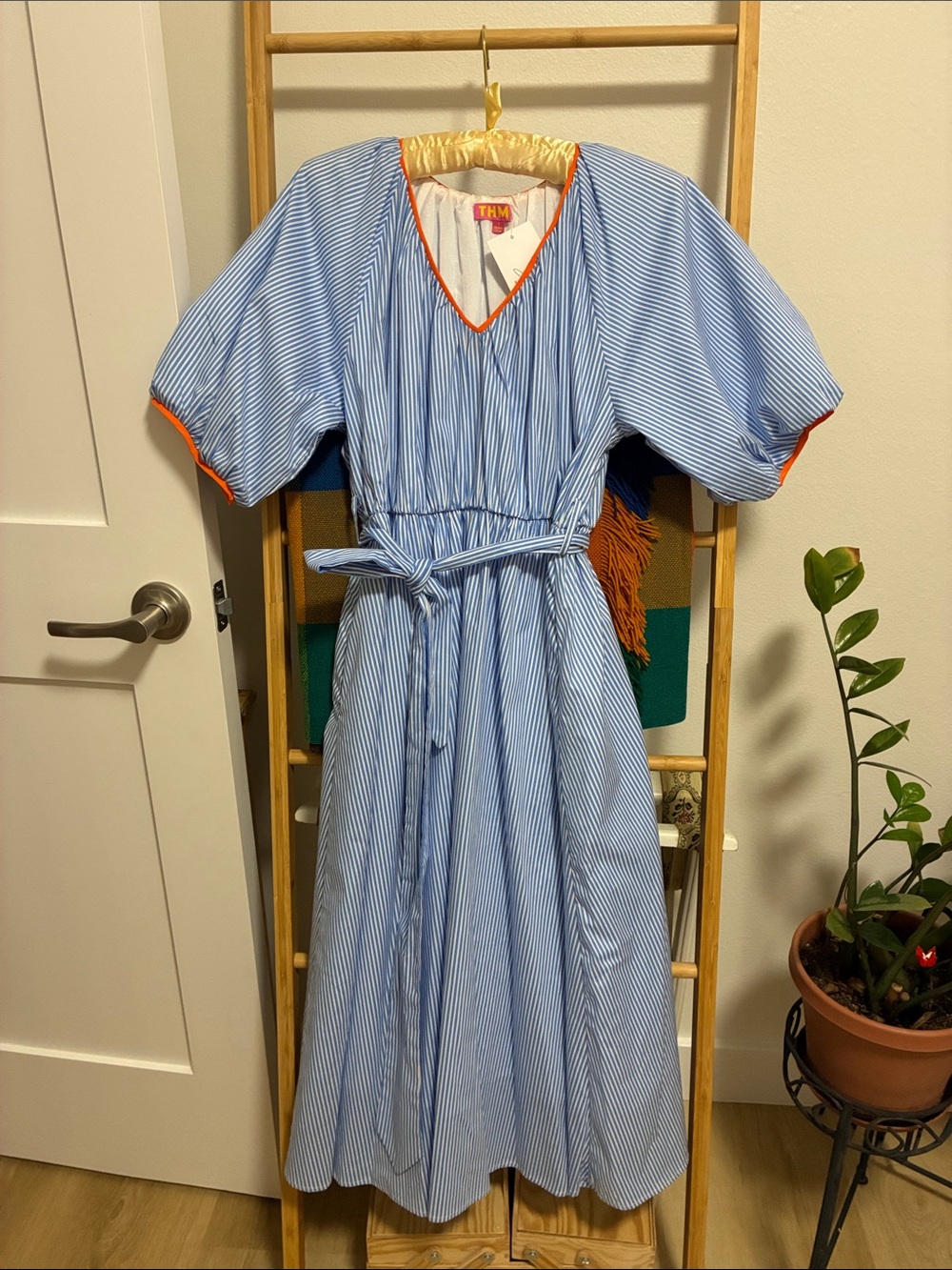 THML Blue and White Striped Dress with Orange Trim